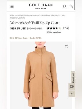 Cole Haan soft twill zip up coat , size 6, NWT